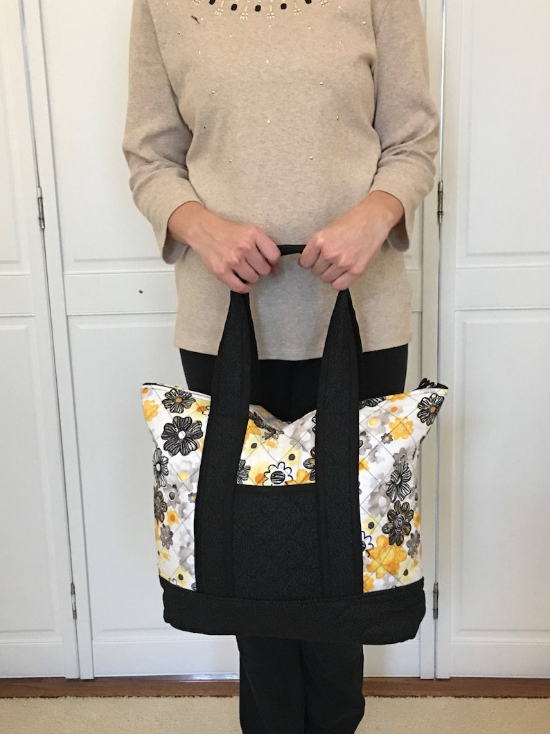 Quilted Tote Bag Yellow Floral Stamp Print...gift, Birthday, Bridesmaid