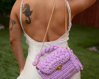 Custom Color Woven Handbag with Gold Chain Strap | Handmade Statement Purse
