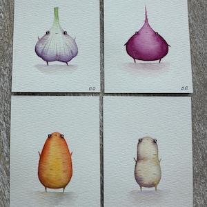 Original ACEO Art Set – Cute Vegetable Characters, Potato, Garlic, Carrot, Beetroot, Mini Watercolor Paintings, OOAK Collectible Cards