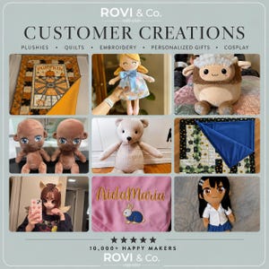 May include: A collage of handmade items including a pumpkin quilt, a blonde doll with a blue bow, a brown sheep plush, two brown dolls, a tan teddy bear, a sunflower quilt, a person with cat ears, a pink blanket with embroidery, and an anime doll.