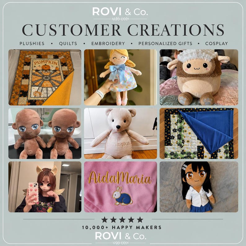May include: A collage of handmade items including a pumpkin quilt, a blonde doll with a blue bow, a brown sheep plush, two brown dolls, a tan teddy bear, a sunflower quilt, a person with cat ears, a pink blanket with embroidery, and an anime doll.