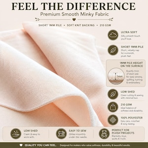 May include: A light peach-colored minky fabric with a short 1mm pile and soft knit backing. The image includes text detailing features like 210 GSM, low shed, and 100% polyester composition, highlighting its suitability for sewing and plush projects.