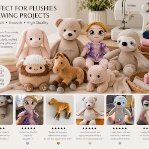 May include: A collection of plush toys including a tan bear, a rabbit, a horse, a sloth, a cat, and a doll with blonde hair. The image features text promoting 1mm minky fabric for sewing projects, alongside smaller inset photos of individual plush items.