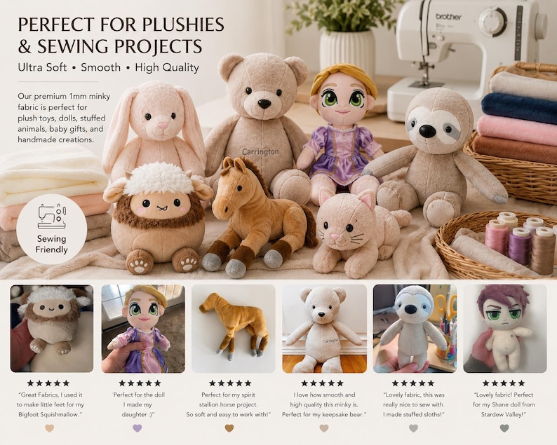 May include: A collection of plush toys including a tan bear, a rabbit, a horse, a sloth, a cat, and a doll with blonde hair. The image features text promoting 1mm minky fabric for sewing projects, alongside smaller inset photos of individual plush items.