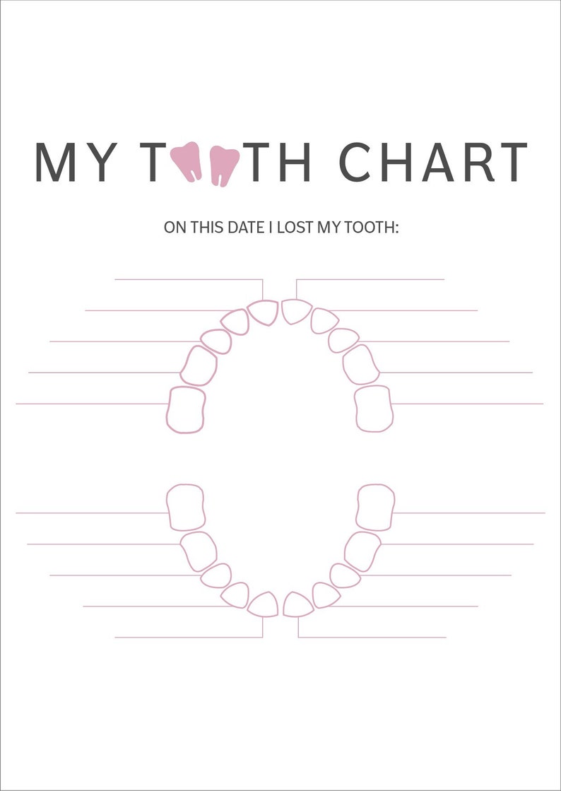 May include: A printable tooth chart for kids to track when they lose their baby teeth. The chart features a simple outline of a mouth with spaces for each tooth.  There is a line next to each tooth where a date can be written.  The text "MY TOOTH CHART" is at the top of the page and the text "ON THIS DATE I LOST MY TOOTH" is below the chart.
