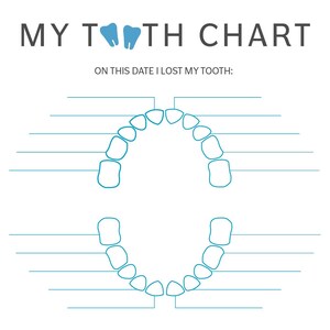 May include: A printable chart for tracking when a child loses their baby teeth. The chart features a simple outline of a mouth with spaces for each tooth.  The text "MY TOOTH CHART" is at the top of the chart and the text "ON THIS DATE I LOST MY TOOTH" is below the outline of the mouth.