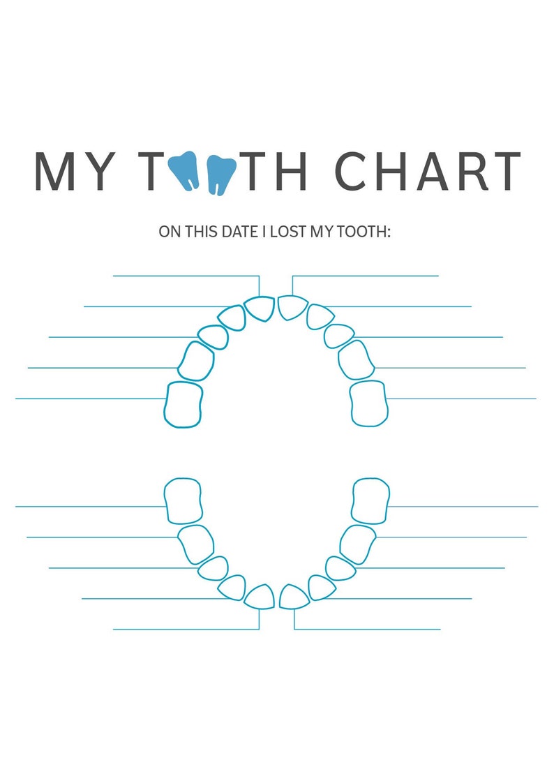 May include: A printable chart for tracking when a child loses their baby teeth. The chart features a simple outline of a mouth with spaces for each tooth.  The text "MY TOOTH CHART" is at the top of the chart and the text "ON THIS DATE I LOST MY TOOTH" is below the outline of the mouth.