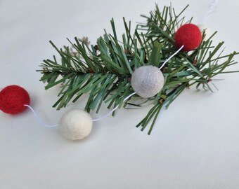 Red, white and grey Christmas pom pom garland - felt ball christmas garland