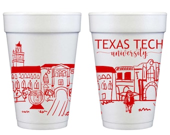 May include: Two white foam cups with red designs. One cup features a drawing of Texas Tech University buildings and the other cup has the text "TEXAS TECH university".
