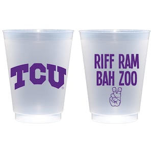 May include: Two frosted plastic cups. One cup features the letters "TCU" in purple. The other cup has the text "RIFF RAM BAH ZOO" and a hand symbol, also in purple. These cups are likely designed for drinks.
