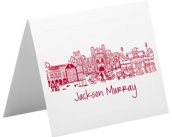 パーソナライズされた折りたたみ式ノートカード文房具セット {オクラホマ大学キャンパス スカイライン - オクラホマ州ノーマン}