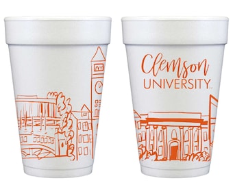 Clemson University Campus Skyline - Clemson, Caroline du Sud {Paquet de 10 gobelets en mousse jetable}