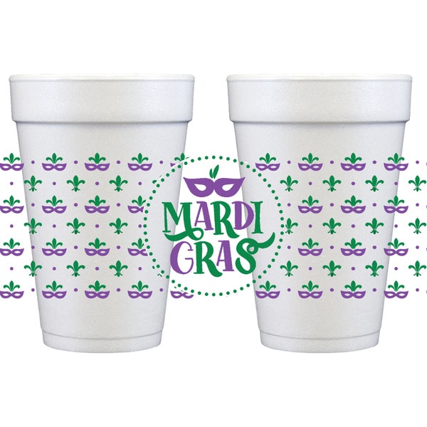 Mardi Gras Styrofoam Cups 10 Pack Sleeve {Mask with Feather Wrap}