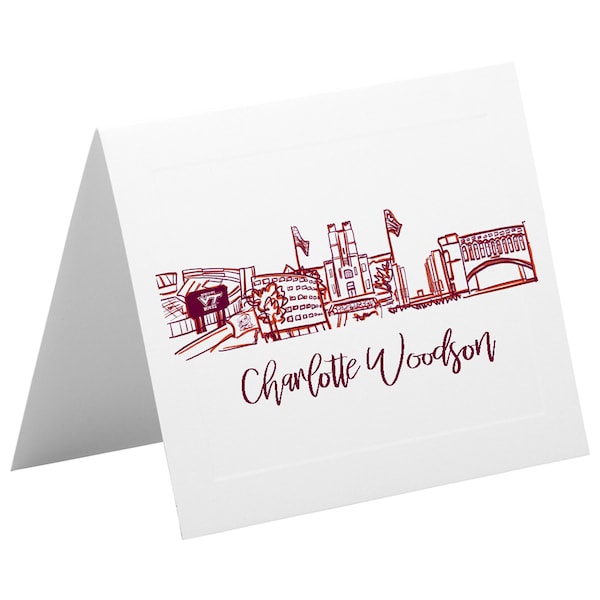 Personalized Foldover Notecard Stationery Set {Virginia Tech University Campus Skyline - Blacksburg, VIrginia}