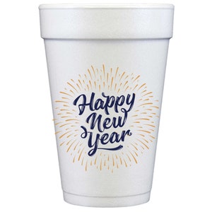 Happy New Year Foam Cups: Navy & Gold Starburst, 16 oz (10 Pack)