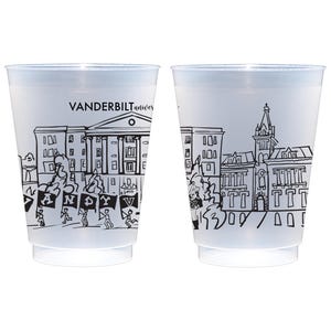 May include: Two clear plastic cups with a black and white line drawing of a university campus. The cups feature the text "VANDERBILT university" and a design of buildings and people holding flags with letters.