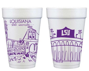 Styrofoam Cup 10 Pack {LSU Tigers-Baton Rouge, Louisiana Campus Skyline}