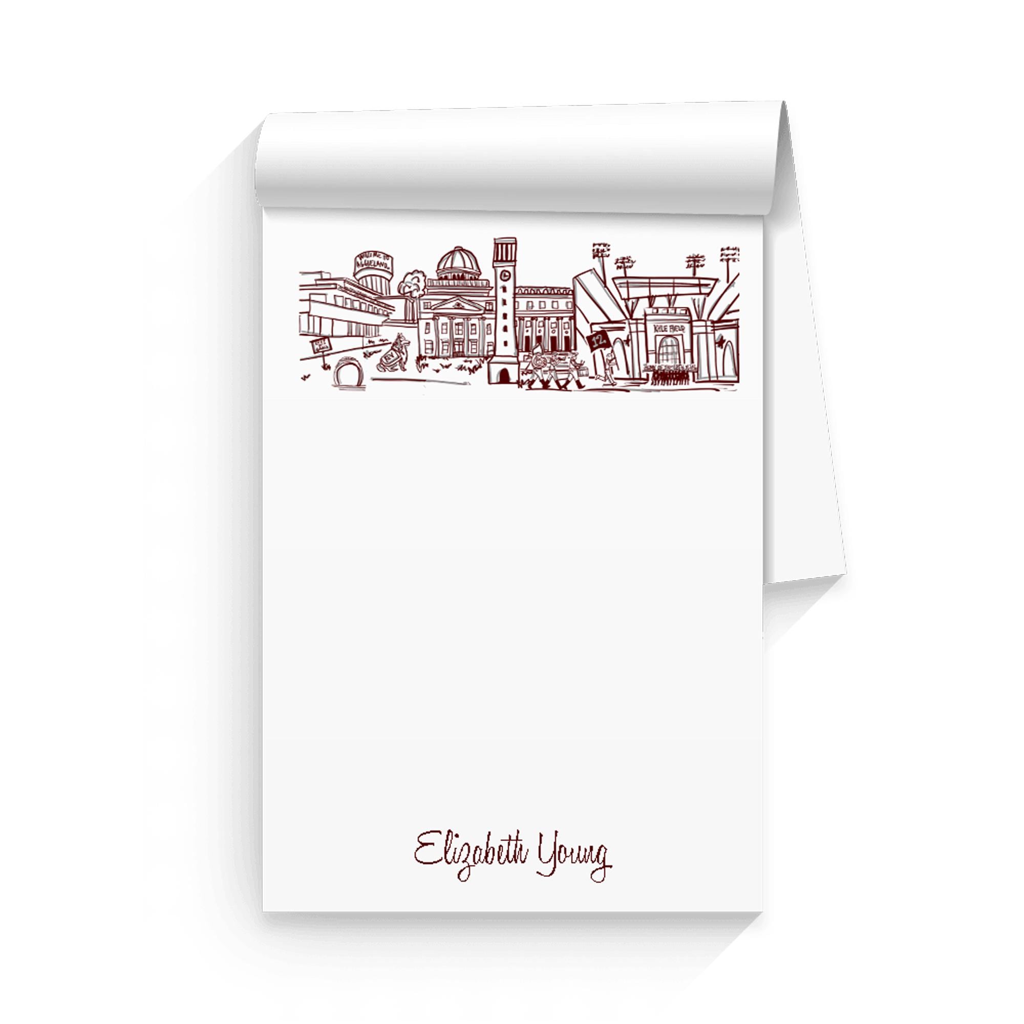 Personalisiertes Notizblock-Set {Texas A & M Universitäts-Campus Skyline Wahrzeichen-College Station, Texas}