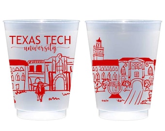 May include: Two clear plastic cups with red designs. The cup on the left has the text "TEXAS TECH university" and a drawing of buildings. The cup on the right has a drawing of buildings and the Texas Tech University seal.