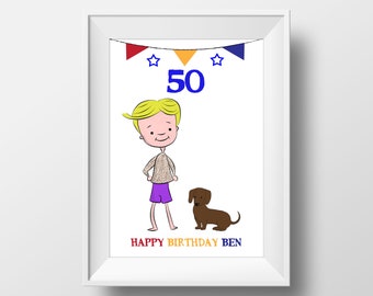 Custom Portrait 50th Birthday Print, Cartoon Portrait, Custom stick man art, Cartoon Gift, 40th Birthday Gift, Custom Caricature Gift