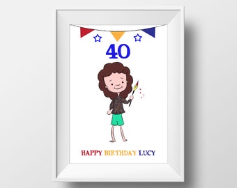 Custom Portrait 40th Birthday Print, Cartoon Portrait, Custom stick man art, Cartoon Gift, 40th Birthday Gift, Custom Caricature Gift