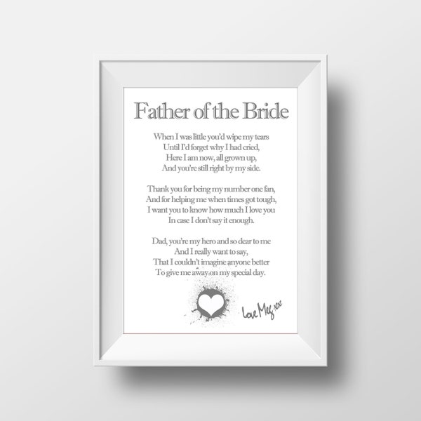 Father of the Bride Gift, Father of The Bride Poem Print,  Wedding Gift for Dad, Personalised Dad Gift, Father Gift from Daughter, Newly Wed