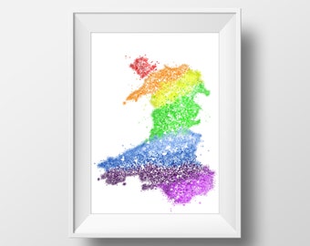 Welsh map Print, Welsh Map Rainbow A4, Wales Heart Map, Wales Heart Splatter Map, Welsh Heart Map