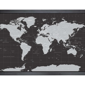 Carte du monde avec épingles | 36 x 24 po. ou 24 po. x 18 po. | Gris sur noir (droit)