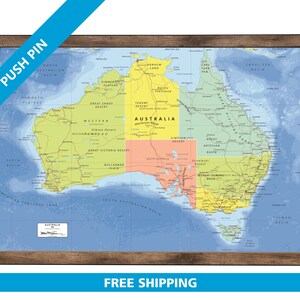 Carte de l'Australie à épingles | 36 x 24 po. ou 24 po. x 18 po. | Transport détaillé