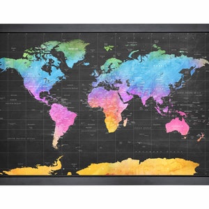 May include: A colourful world map with a black background and a black frame. The map is printed on a textured surface and features a rainbow watercolour design.