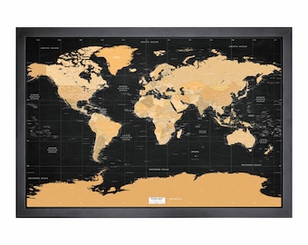 Framed Pushpin World Map | 36" x 24" | Chalkboard Gold