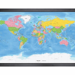 Carte du monde encadrée avec épingles | 36 x 24 po. | Miller très détaillé avec des couleurs vives