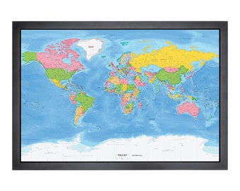 Framed Pushpin World Map | 36" x 24" | Highly Detailed Miller with Bright Colours