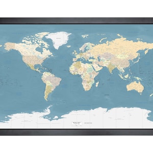 Carte du monde encadrée avec épingles | 36 x 24 po. | Couleurs automnales Miller très détaillées Eau plus foncée
