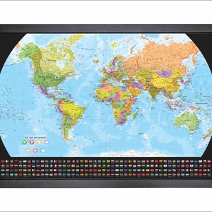 Carte du monde extrêmement détaillée avec épingles | 36 x 24 po. ou 24 po. x 18 po. | Emballage détaillé avec drapeaux