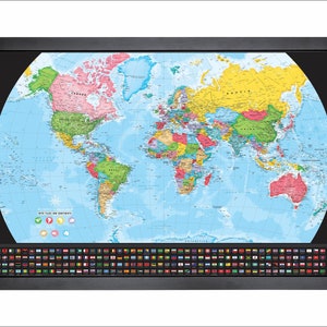 Carte du monde extrêmement détaillée avec épingles | 36 x 24 po. ou 24 po. x 18 po. | Toile d'ombrage avec drapeaux