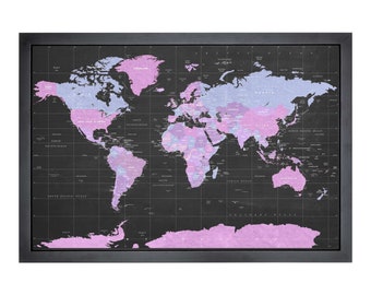 Pushpin world map | 36" x 24" or 24" x 18" | Purple Pastels on Chalk