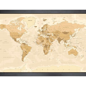 Carte du monde avec épingles | 36 x 24 po. ou 24 po. x 18 po. | Nuances d'or (droit)