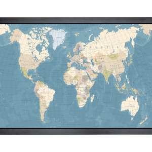Carte du monde avec épingles | 36 x 24 po. ou 24 po. x 18 po. | Bleu vintage (emballage)