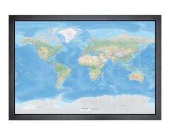 Framed Pushpin World Map | 36" x 24" | Highly Detailed Miller Natural Earth Blue Water
