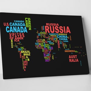 Carte du monde en toile | Typographie | Noir