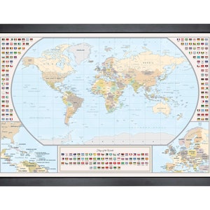 May include: A framed world map with a light blue background and beige continents. The map includes country borders and names. The frame is black and has a white mount. The map also includes a key with flags of the world.