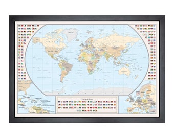 Pushpin world map | 36" x 24" or 24" x 18" | Rounded World Map with Flags