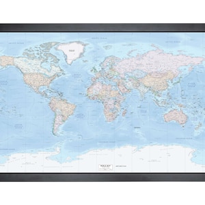 carte du monde encadrée vintage avec épingles | 36 x 24 po. | Bleu clair Miller vintage