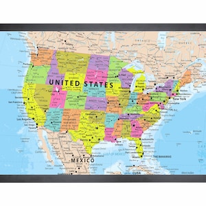 Carte détaillée des États-Unis avec épingles | 36 x 24 po. ou 24 po. x 18 po.