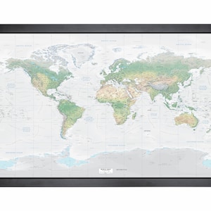 Carte du monde encadrée avec épingles | 36 x 24 po. | Miller Natural Earth Gris eau très détaillé