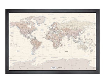 Vintage Framed Pushpin World Map | 36" x 24" | Neutrals