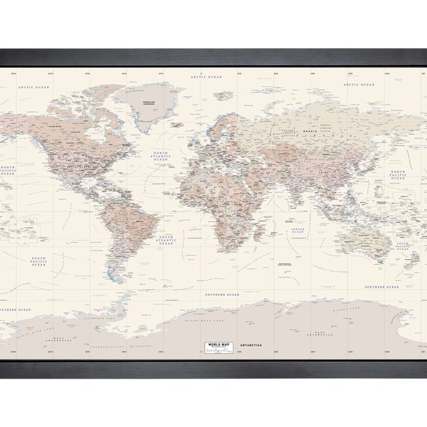 Vintage Framed Pushpin World Map | 36" x 24" | Neutrals