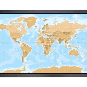 Carte du monde avec épingles | 36 x 24 po. ou 24 po. x 18 po. | Or sur bleu clair (droit)