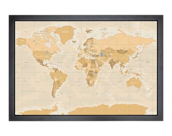 Pushpin world map | 36" x 24" or 24" x 18" | Gold on Tan (Straight)
